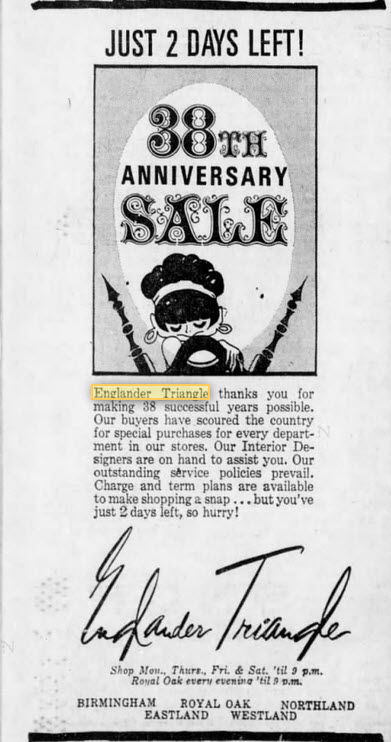 Englander Triangle - 1969 Ad Mentioning 38 Years In Business